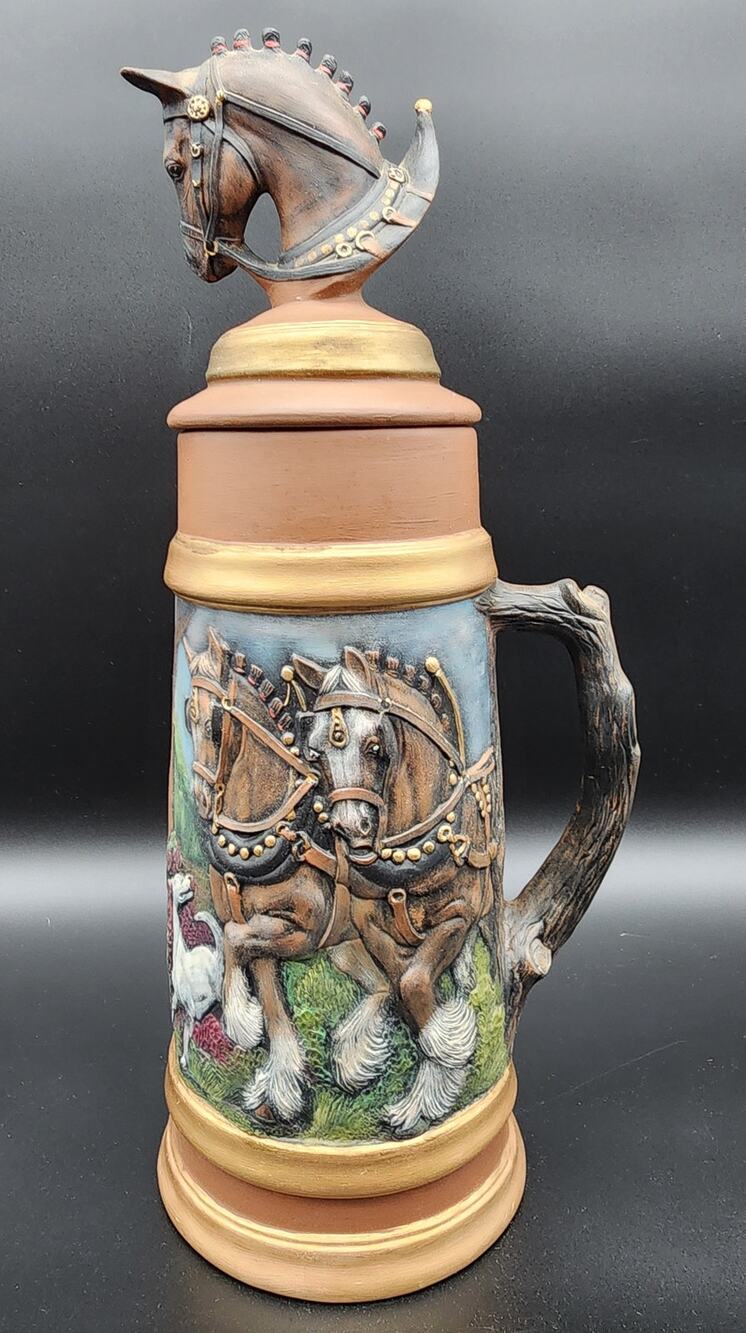 Vintage 18.5" German Horse Head Lidded Beer Stein Raised Relief Hand Painted